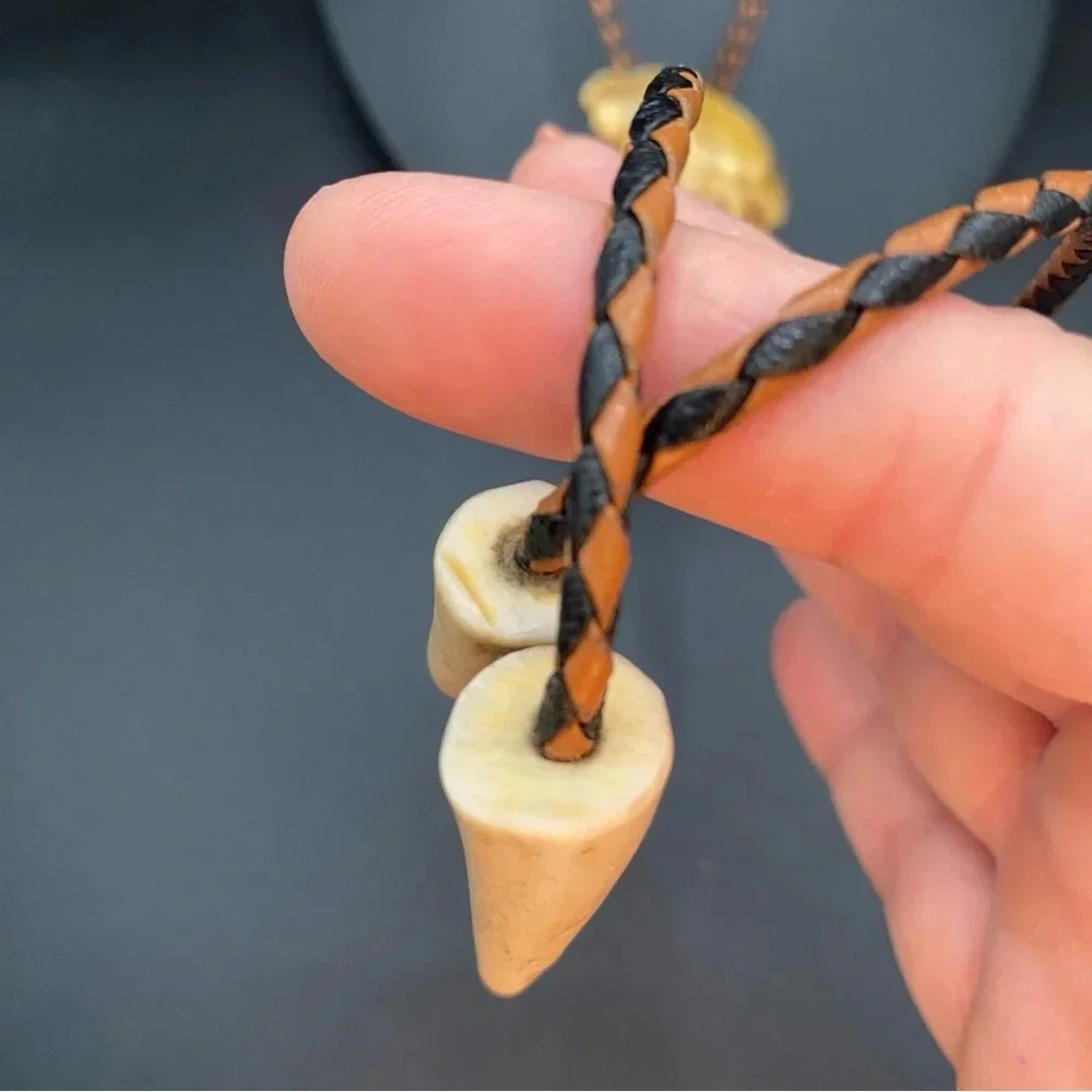 Vintage Bolo Neck Tie with Braided Leather Cord and Carved Horn
